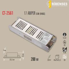 CATA CT-2561 17 Amper Şerit Led Trafosu (200W) (Slim-Fansız)