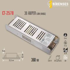 CATA CT-2578 30 Amper Şerit Led Trafosu (360W) (Slim-Fansız)