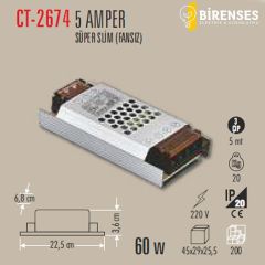 CATA CT-2674 5 Amper Şerit Led Trafosu 60W Süper Slim Fansız