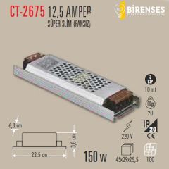 CATA CT-2675 12,5 Amper Şerit Led Trafosu 120W Süper Slim Fansız