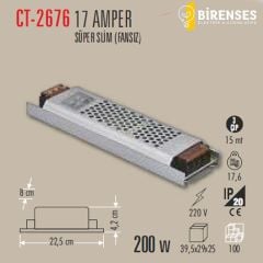 CATA CT-2676 17 Amper Şerit Led Trafosu 200W Süper Slim Fansız