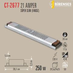 CATA CT-2677 21 Amper Şerit Led Trafosu 250W Süper Slim Fansız