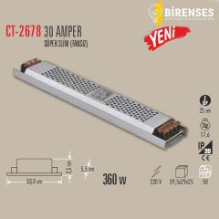 CATA CT-2678 30 Amper Şerit Led Trafosu 360W Süper Slim Fansız