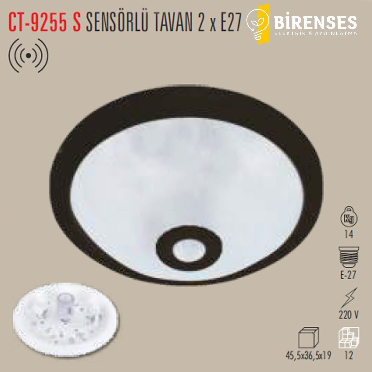 CATA CT-9255S Sensörlü Tavan Armatürü  (2 X E-27) Siyah Kasa