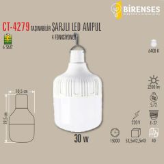 CATA CT-4279B 30W Taşınabilir Şarjlı Led Ampul Beyaz - 4 Fonksiyonlu