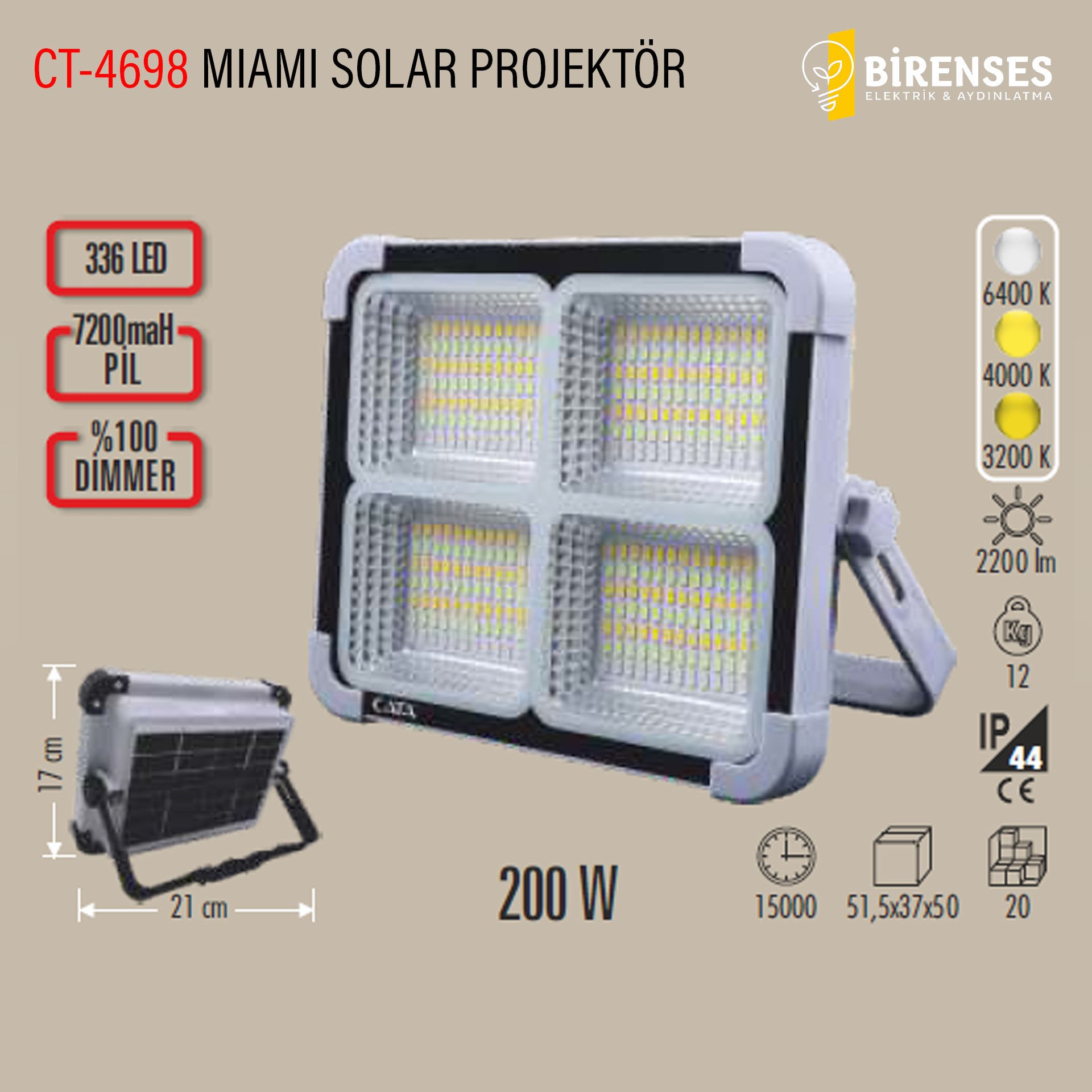 CATA CT-4698 200W Miami Solar Led Projektör Taşınabilir