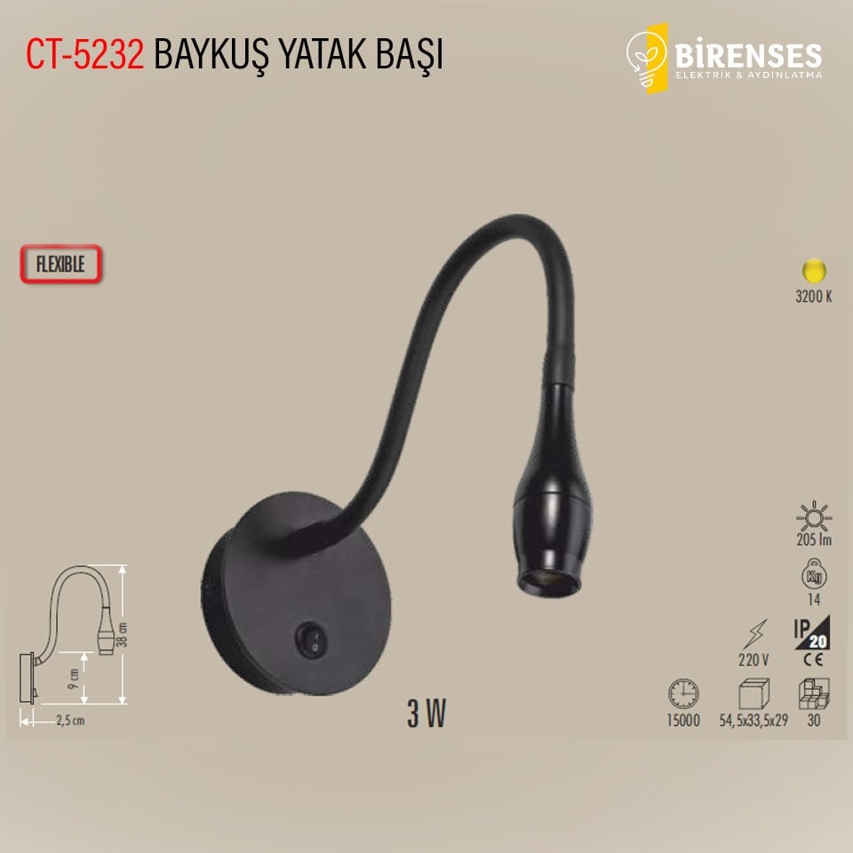 CATA CT-5232 Baykuş Yatak Başı Led Aplik Siyah Kasa