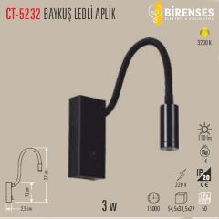 CATA CT-5232 Baykuş Yatak Başı Led Aplik Siyah Kasa