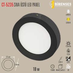 CATA CT-5235 18W Sıva Üstü  Siyah Led Panel Yuvarlak Beyaz