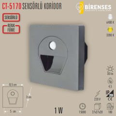 CATA CT-5170FB 1W Sensörlü Ledli Koridor Armatürü Füme Kasa Beyaz