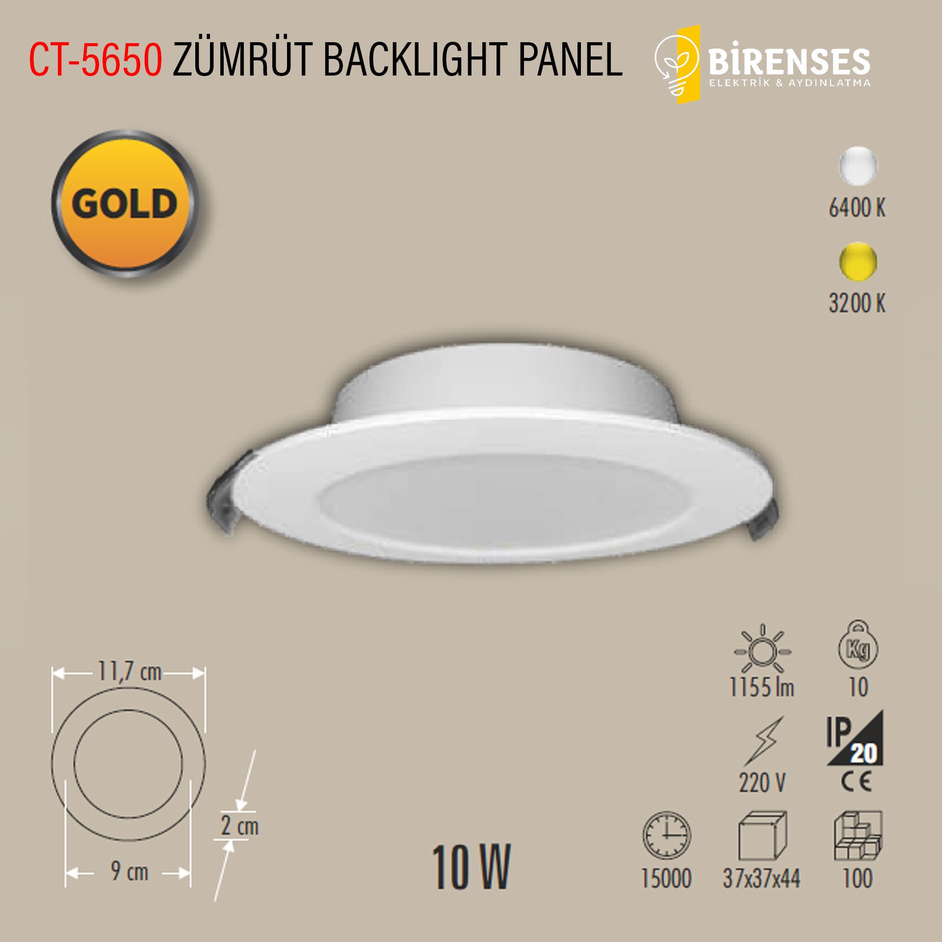 CATA CT-5650G 10W Zümrüt Backlight Gold Panel Günışığı