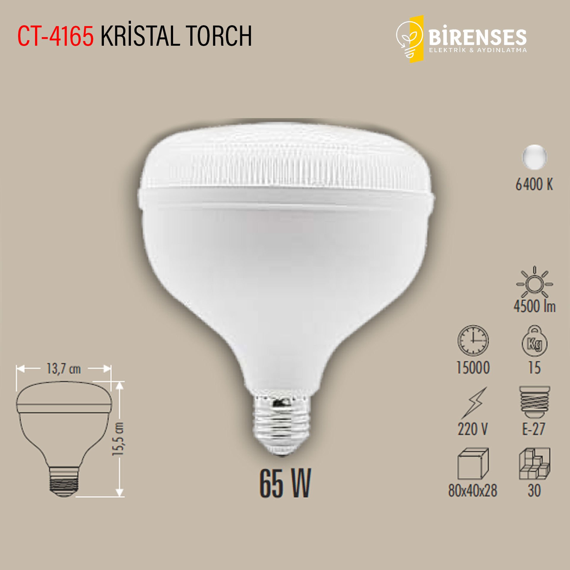 CATA CT-4165 65W Kristal Torch Led Ampul E27 Beyaz