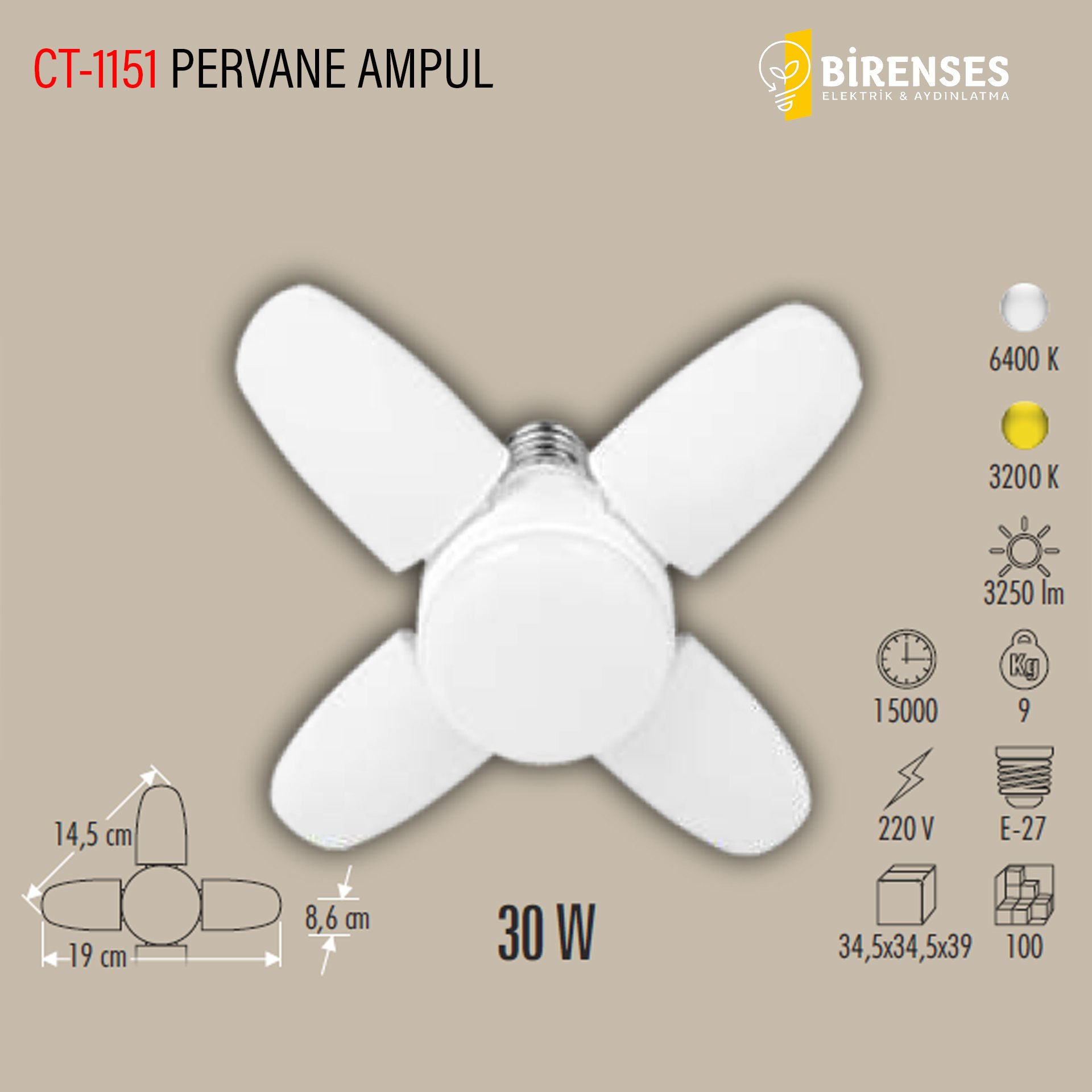 CATA CT-1151G 30W Pervane Ampul E27 Günışığı