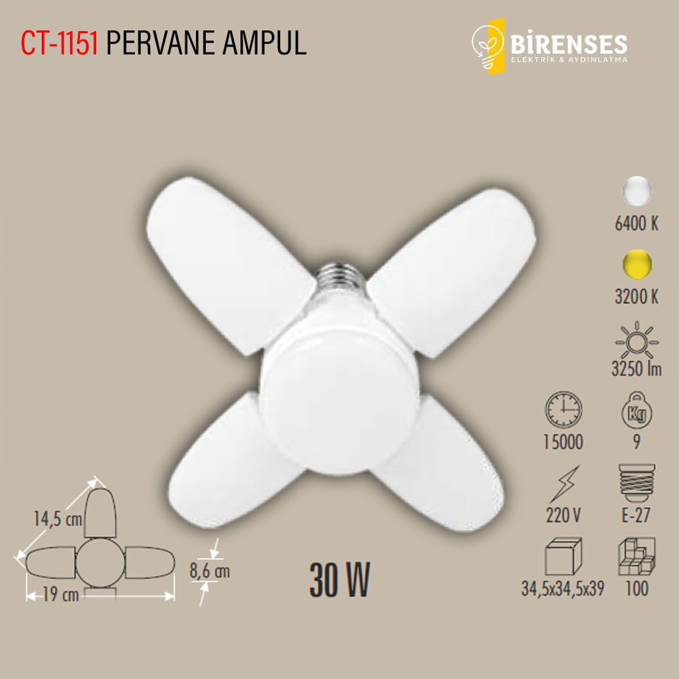 CATA CT-1151G 30W Pervane Ampul E27 Günışığı
