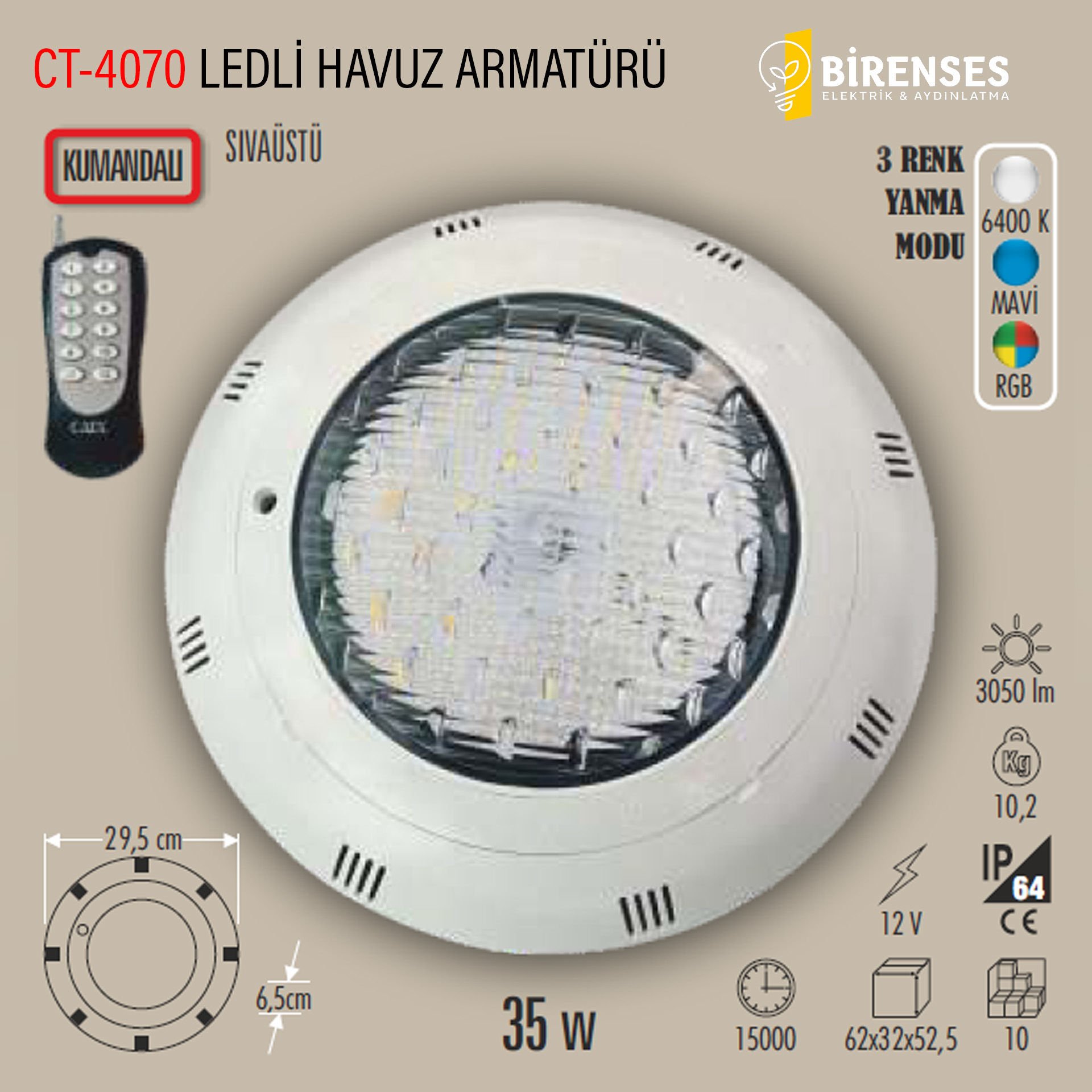 CATA CT-4070 35W Ledli Havuz Armatürü Kumandalı Beyaz-Mavi-RGB renk