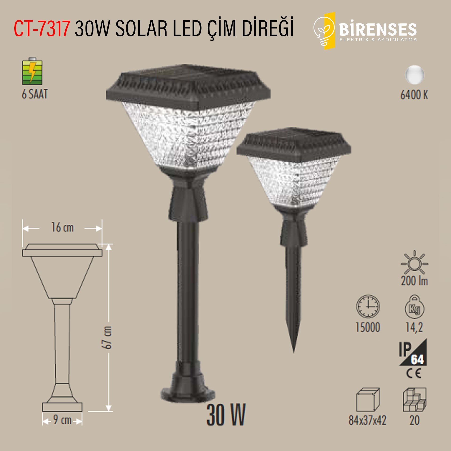 CATA CT-7317 30W Solar Led Çim Direği