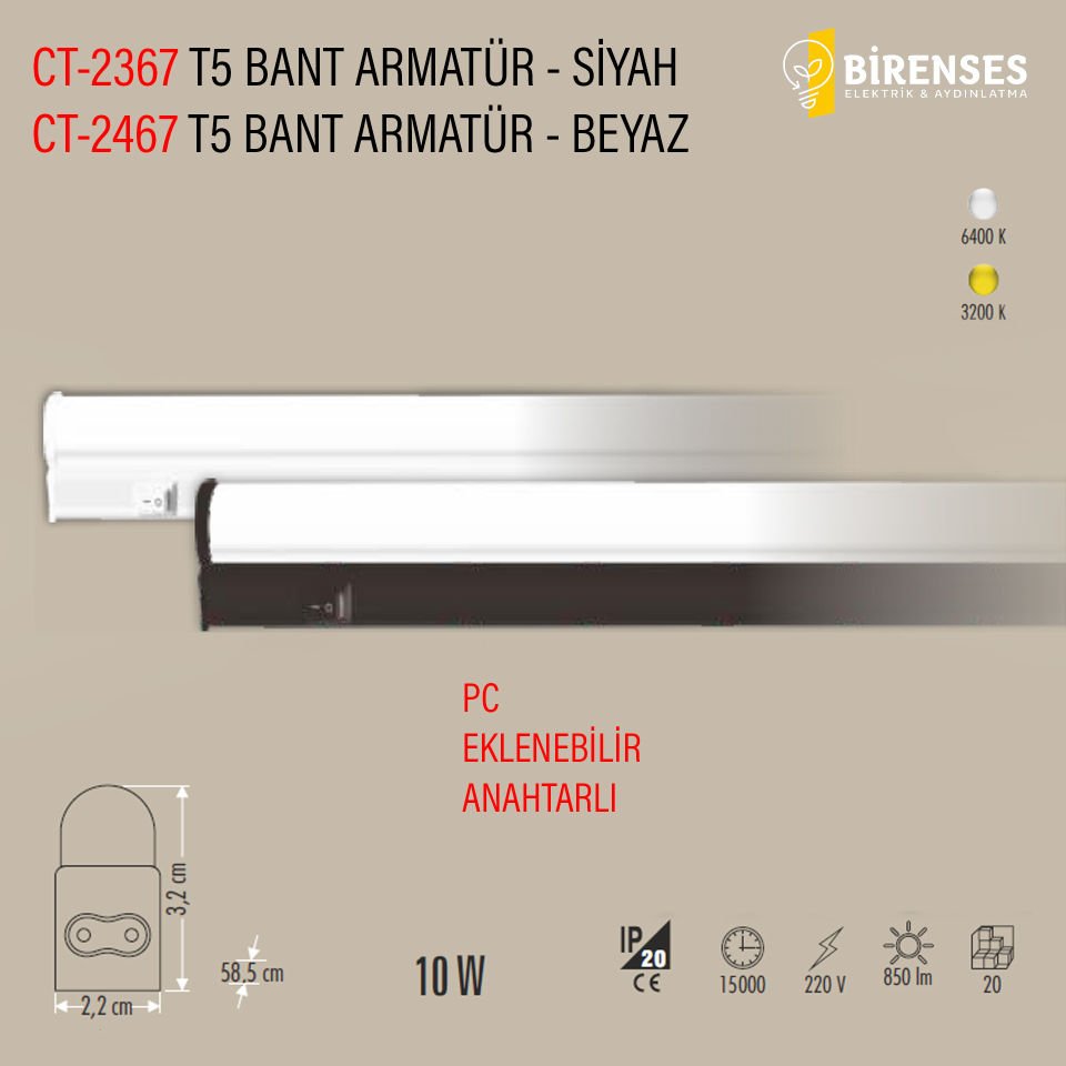 CATA CT-2367G 10W T5 Ledli Bant Armatür Siyah Kasa Günışığı
