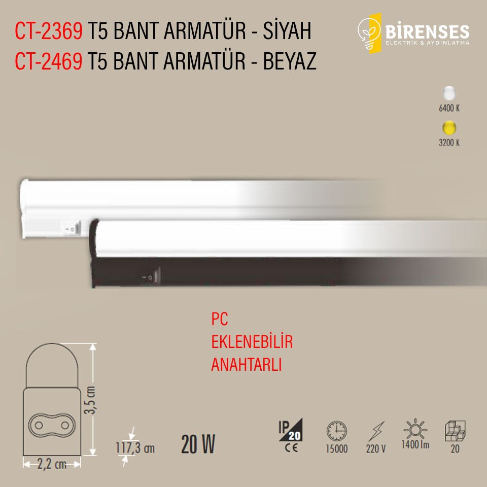 CATA CT-2369B 20W T5 Ledli Bant Armatür Siyah Kasa Beyaz