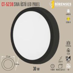 CATA CT-5238G 30W Sıva Üstü  Siyah Led Panel Yuvarlak Günışığı