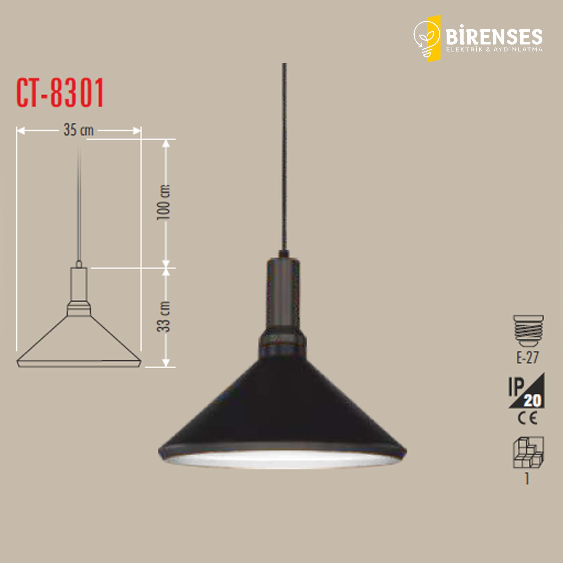 CATA CT-8301 Dekoratif Sarkıt Armatür (Siyah+Beyaz Duy+35Cm)