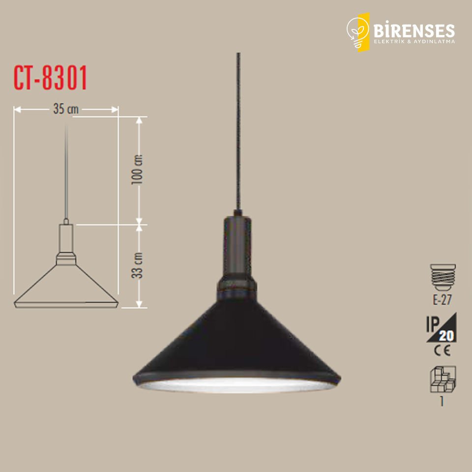 CATA CT-8301 Dekoratif Sarkıt Armatür (Siyah+Beyaz Duy+35Cm)