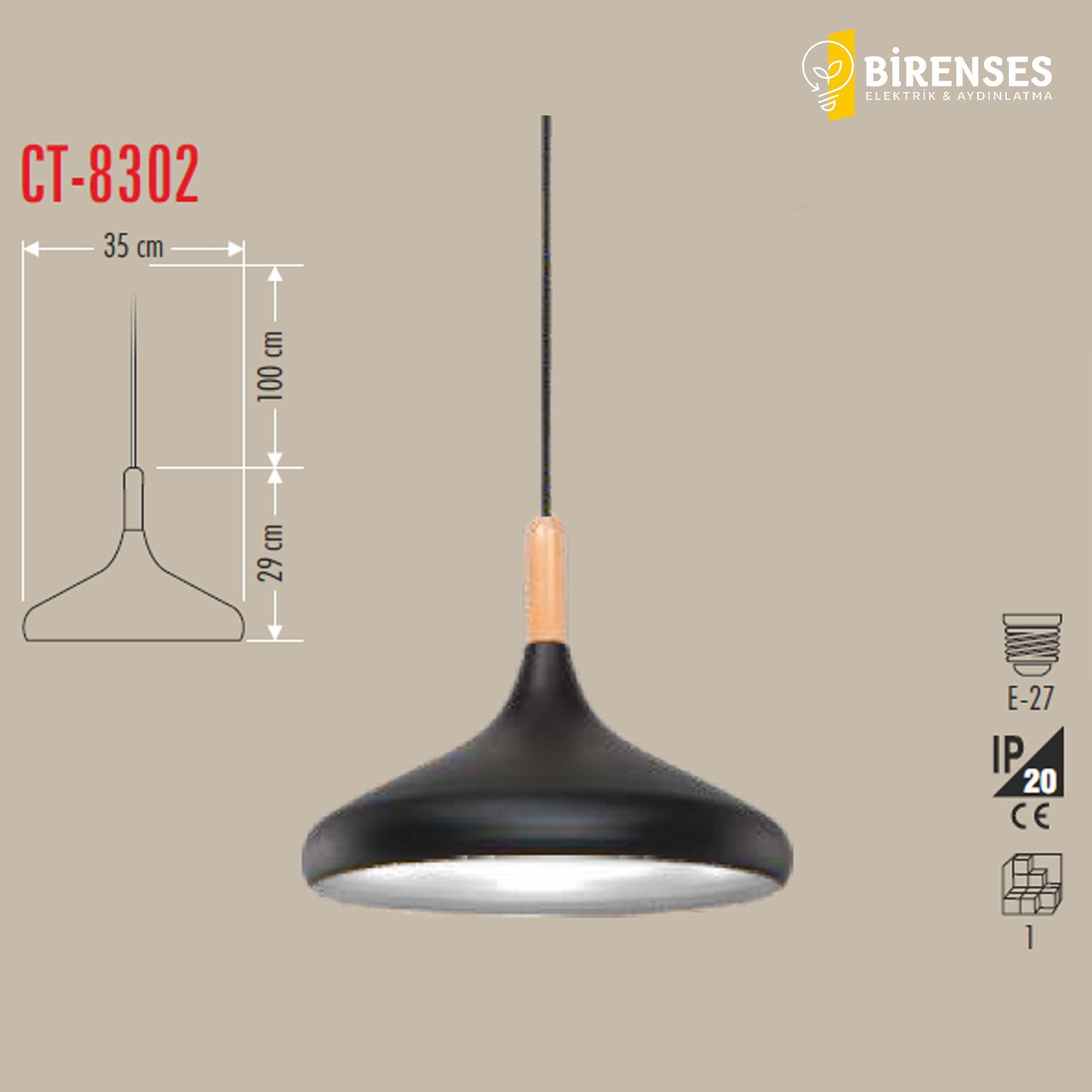 CATA CT-8302 Dekoratif Sarkıt Armatür (Siyah+Beyaz Duy+35Cm)