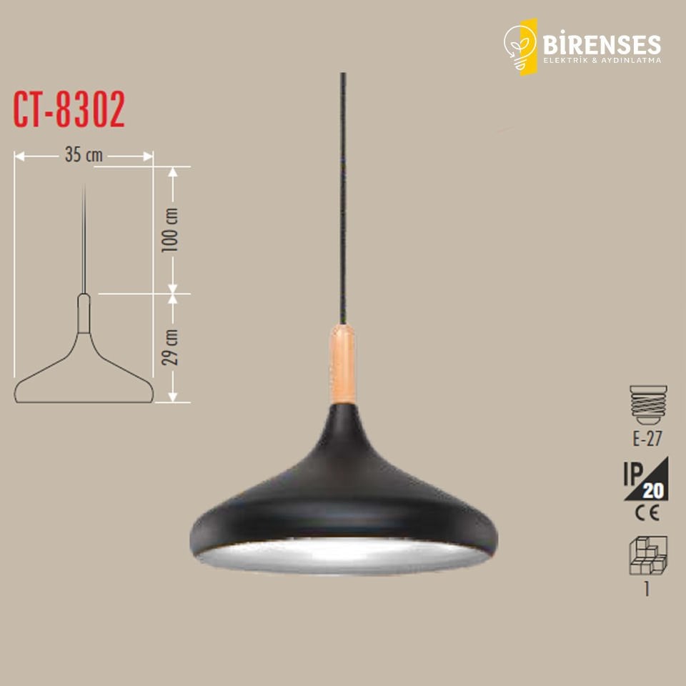 CATA CT-8302 Dekoratif Sarkıt Armatür (Siyah+Beyaz Duy+35Cm)