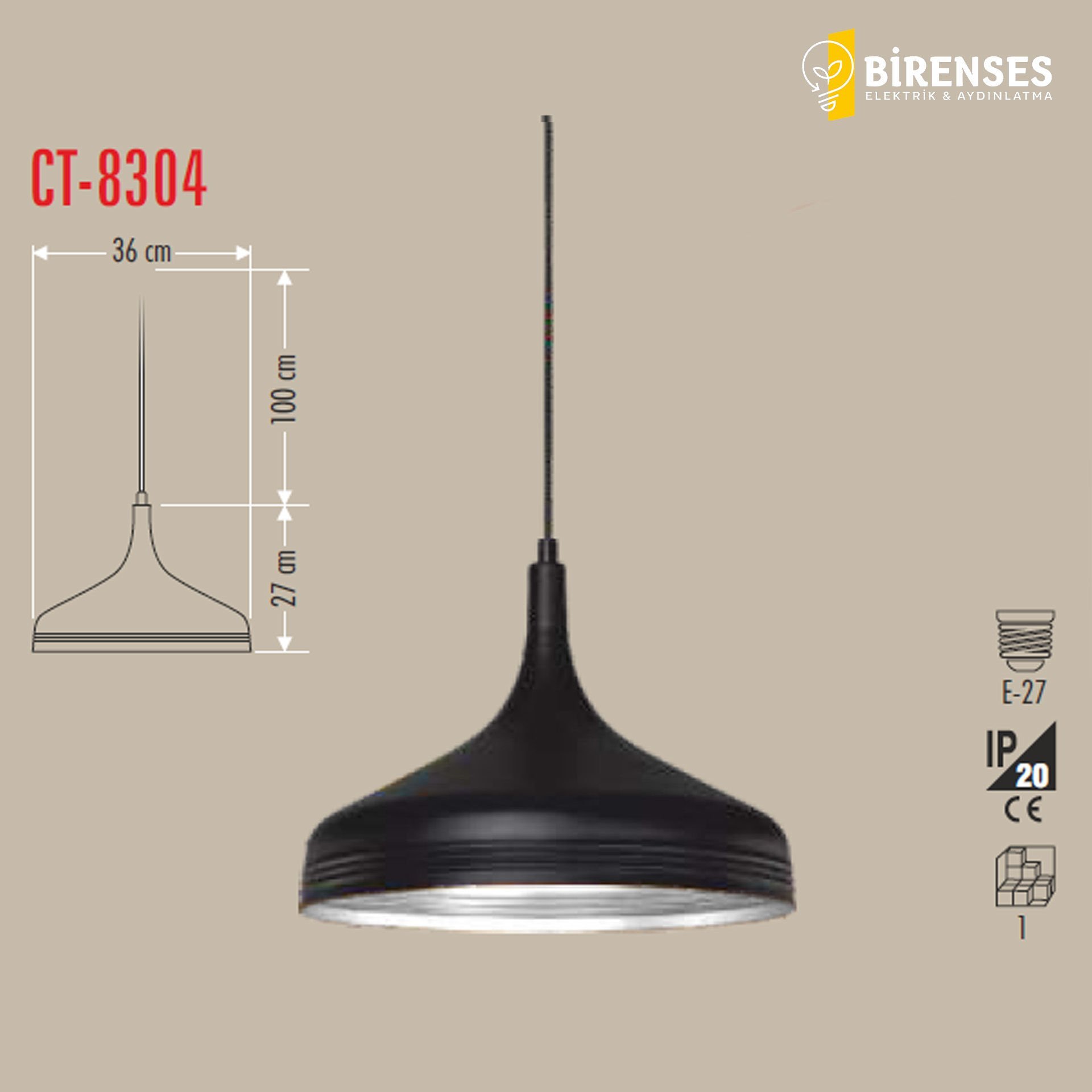 CATA CT-8304 Dekoratif Sarkıt Armatür (Siyah+Beyaz Duy+36Cm)