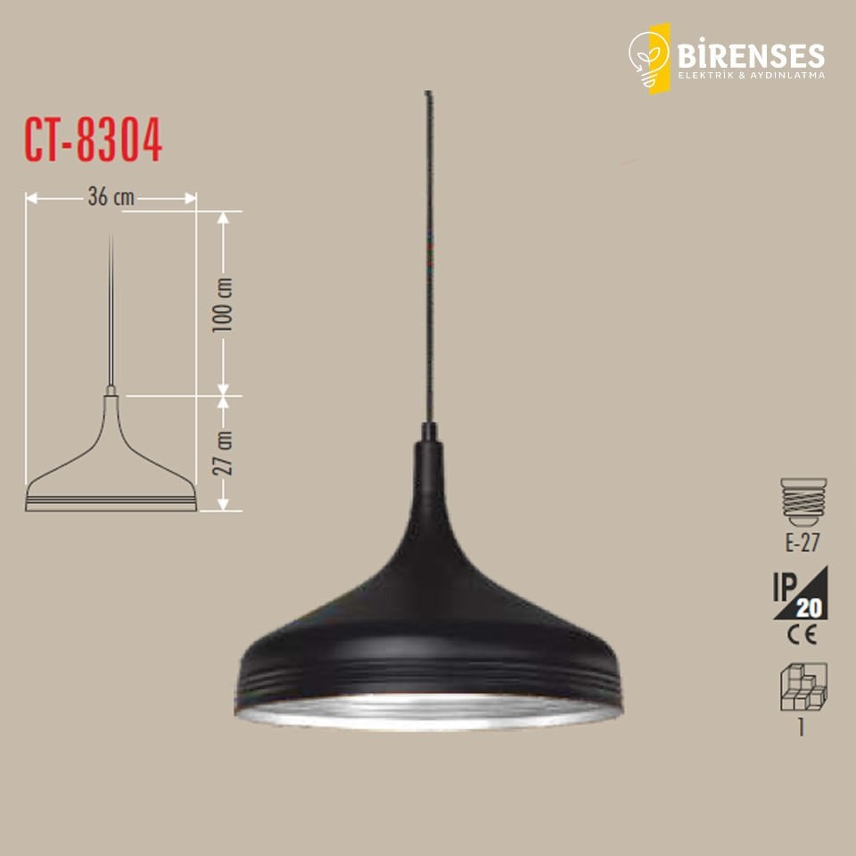 CATA CT-8304 Dekoratif Sarkıt Armatür (Siyah+Beyaz Duy+36Cm)
