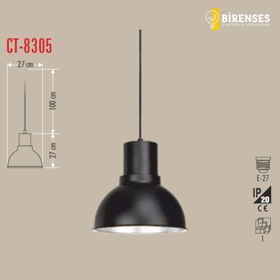 CATA CT-8305 Dekoratif Sarkıt Armatür (Siyah+Beyaz Duy+27Cm)