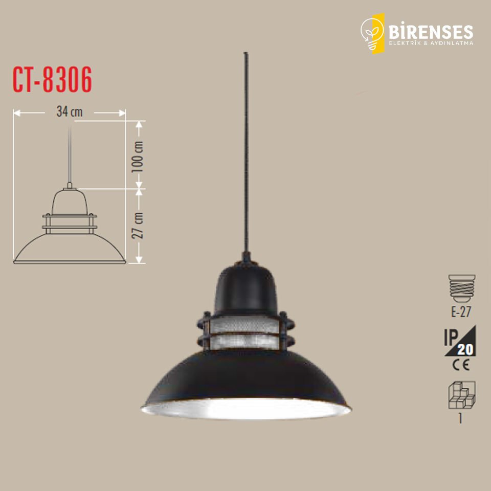 CATA CT-8306 Dekoratif Sarkıt Armatür (Siyah+Beyaz Duy+34Cm)