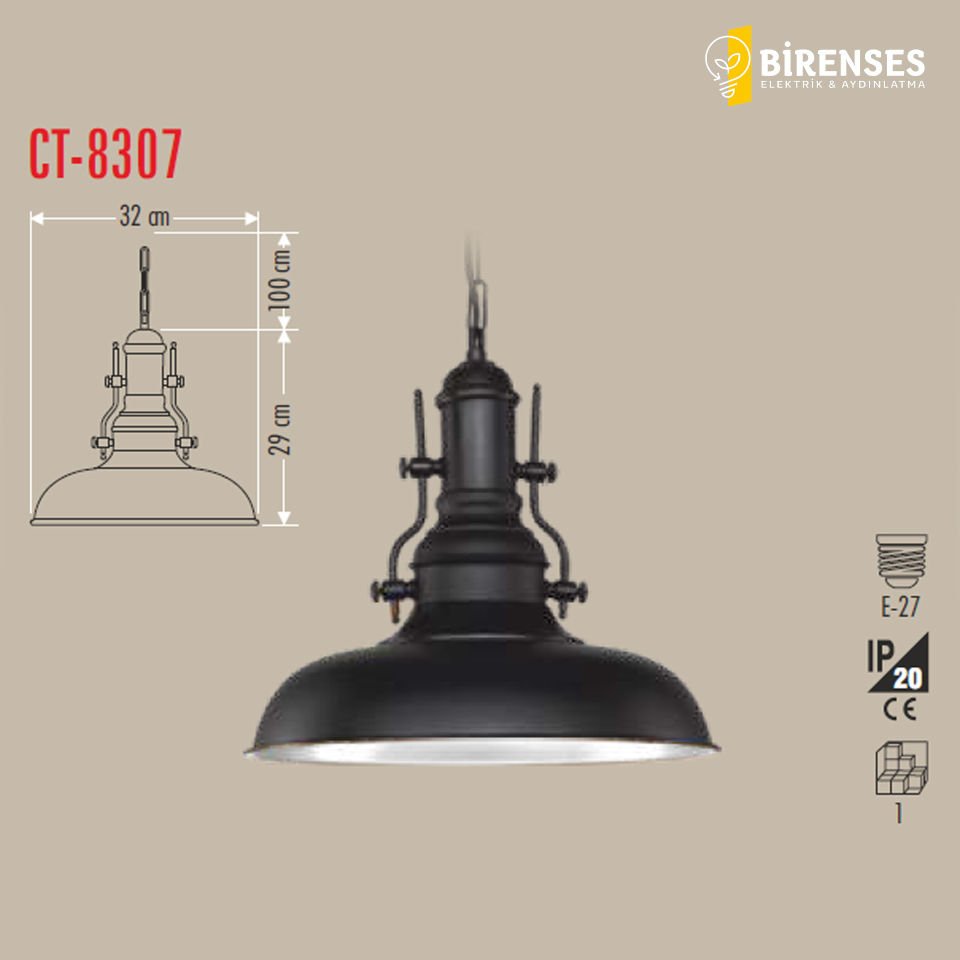 CATA CT-8307 Dekoratif Sarkıt Armatür (Siyah+Beyaz Duy+32Cm)