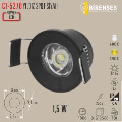 CATA CT-5270Siyahb 1,5W Yıldız Spot Power Ledli Siyah Kasa Beyaz