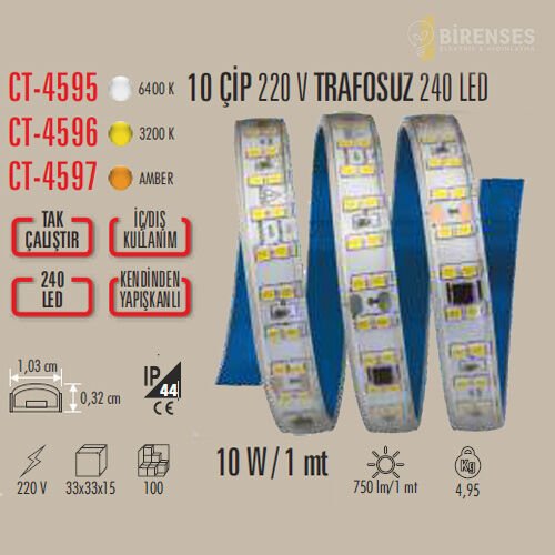CATA CT-4597 10 Çip 220V Trafosuz Şerit Led Amber
