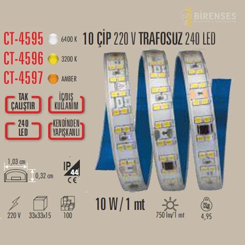 CATA CT-4596 10 Çip 220V Trafosuz Şerit Led Günışığı