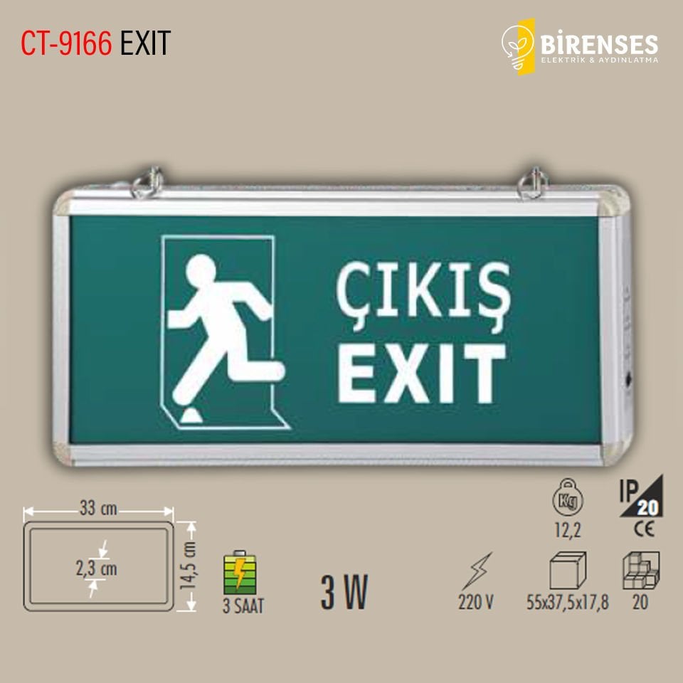 CATA CT-9166 3W Exıt Çıkış Armatürü Ledli 3 Saat Akülü