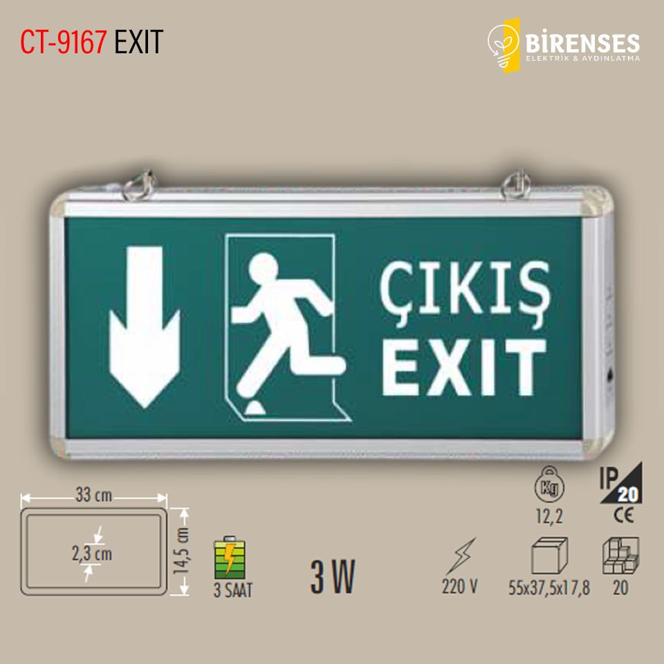 CATA CT-9167 3W Exıt Çıkış Armatürü Ledli 3 Saat Akülü