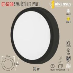 CATA CT-5238B 30W Sıva Üstü  Siyah Led Panel Yuvarlak Beyaz